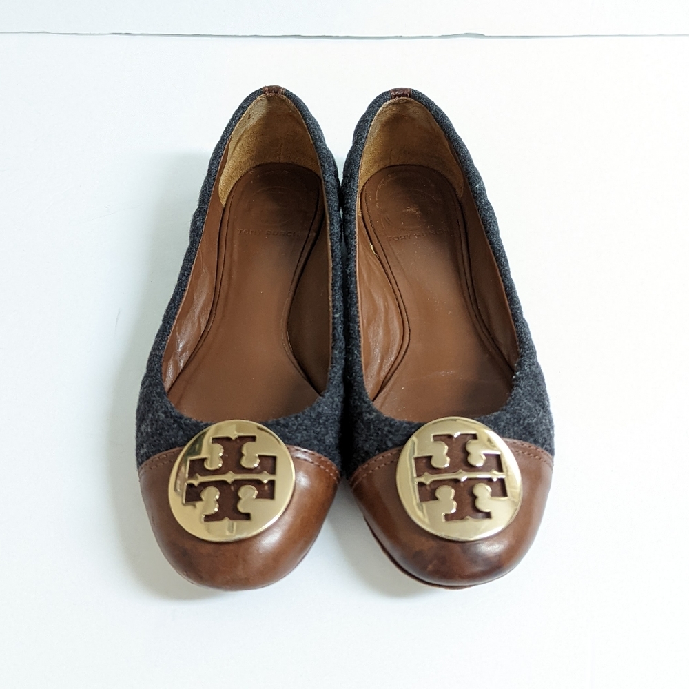 Tory Burch Quilted Kaitlin flats gray and brown size 8